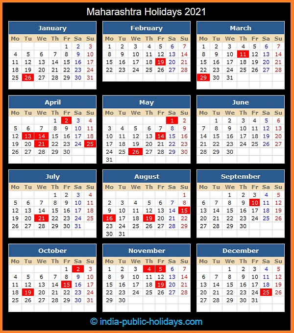 Maharashtra Holiday Calendar 2021
